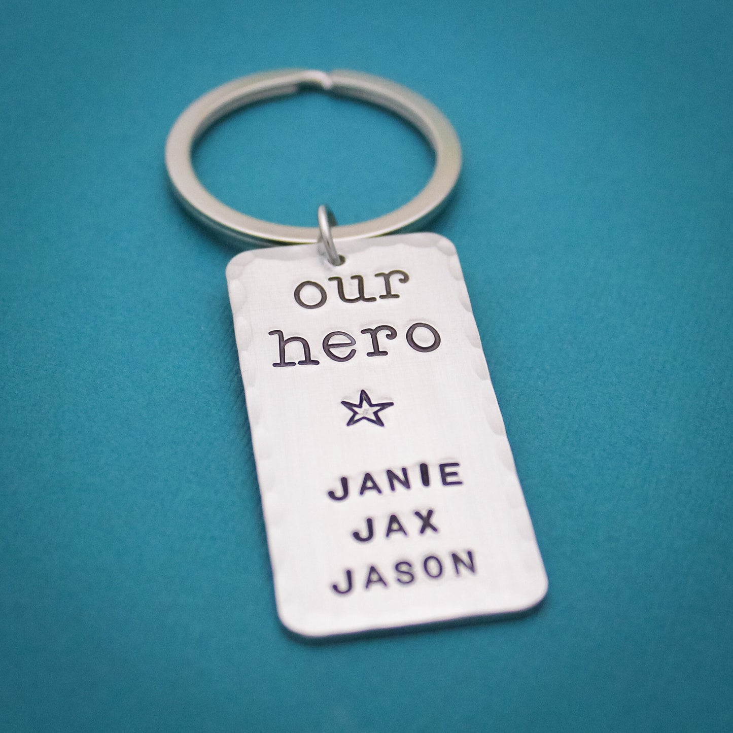 Our Hero Dad Keychain, Personalized Key Chain, My Hero Keychain, Gifts for Him, Handstamped, Personalized Gift, Great Father's Day Gift