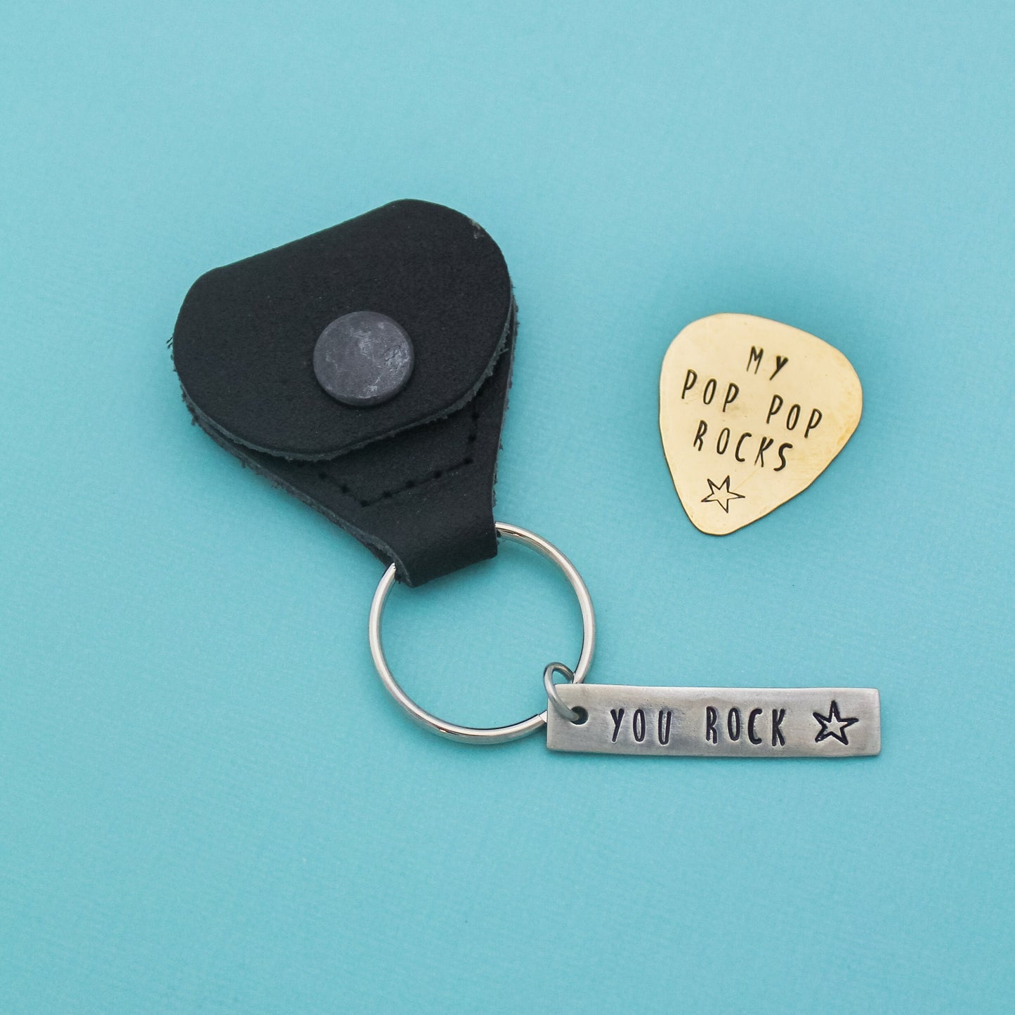 Guitar Pick Keychain with Case, Father's Day Gifts, Gifts for Him, Gifts for Guitar Players, You Rock, I Pick You, Personalized Hand Stamped