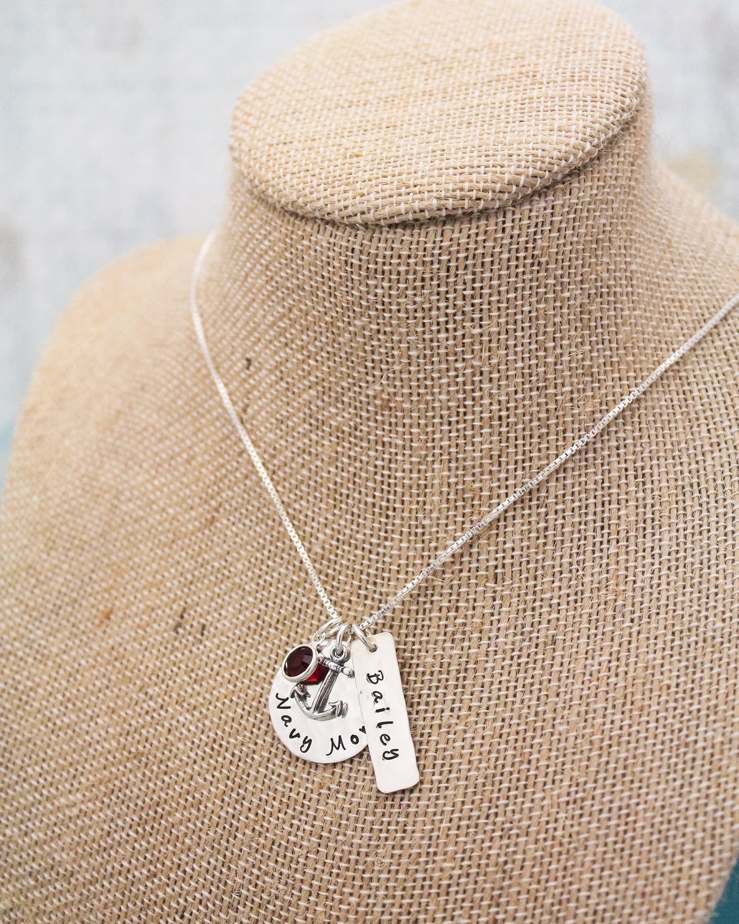 Navy Mom Necklace in Sterling Silver with Anchor Charm, Name and Birthstone Customized Hand Stamped Jewelry-