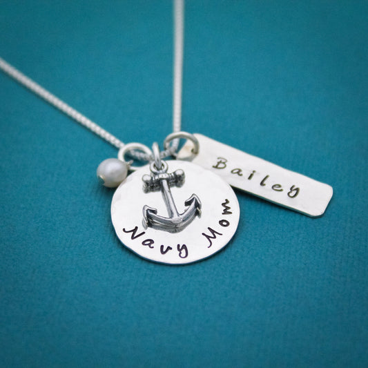 Navy Mom Necklace in Sterling Silver with Anchor Charm, Name and Birthstone Customized Hand Stamped Jewelry-