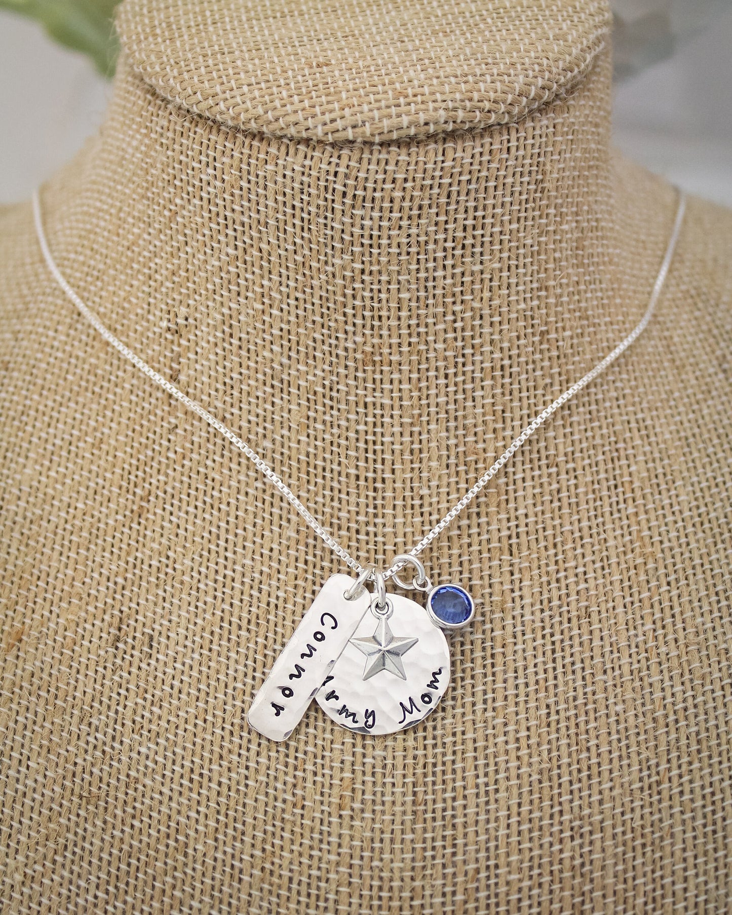 Army Mom Necklace in Sterling Silver with Star Charm, Name and Birthstone Customized Hand Stamped Jewelry