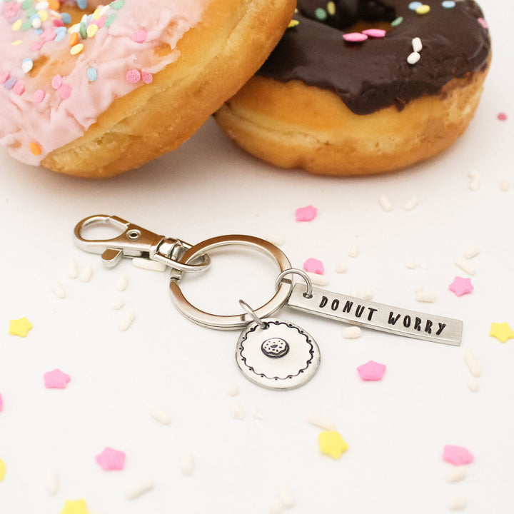 Donut Worry Keychain, Donut Keychain, Donut Lover Gift, Donut Key Chain, Personalized Hand Stamped, Gift for Him, Gift for Her