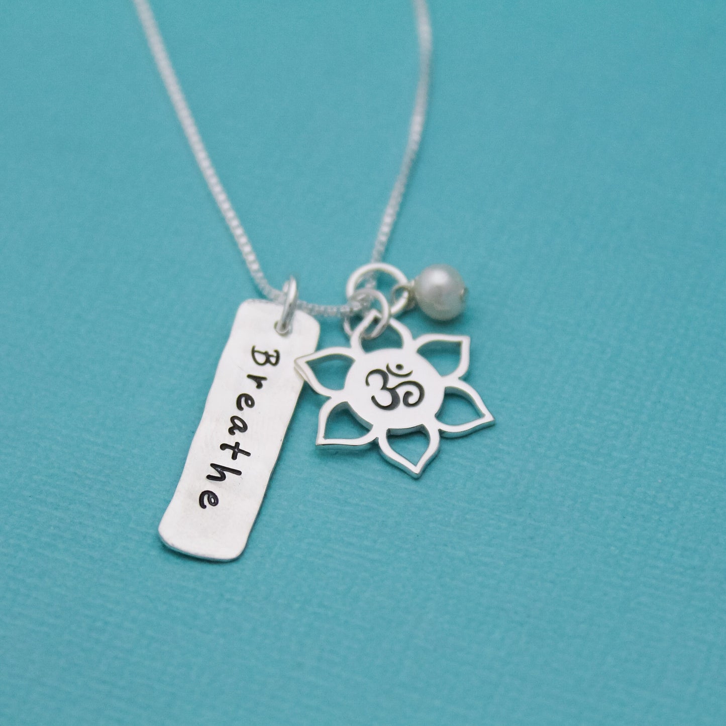Breathe Necklace, Yoga Jewelry, Lotus Flower Necklace, Ohm Necklace, Yoga Necklace, Sterling Silver Hand Stamped Jewelry