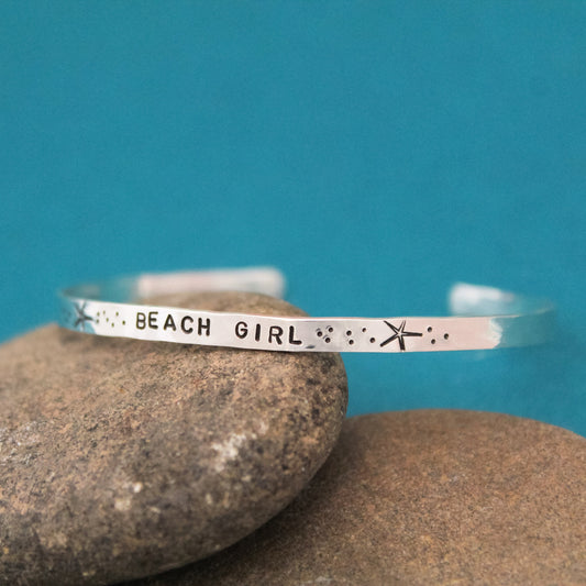 Beach Girl Cuff, Sterling Silver Cuff, Beach Jewelry Cuff, Cruise Wear Jewelry, Beach Lovers Gift, THIN Sterling Silver CUFF Hand Stamped