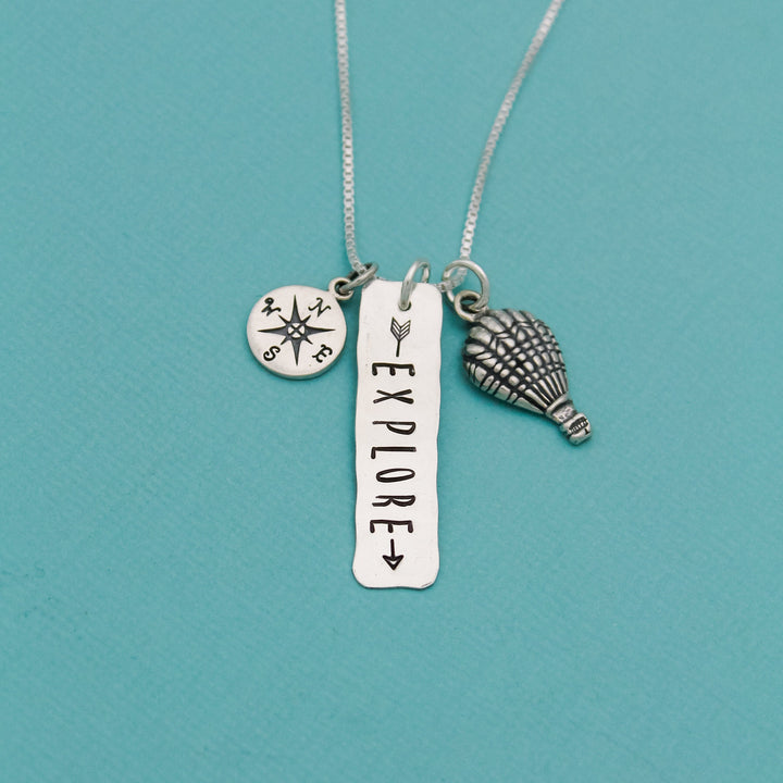 Explore Necklace, Hot Air Balloon Necklace, Compass Jewelry, Travel Theme, Outdoors Theme, Adventure Arrow Graduation Hand Stamped Jewelry