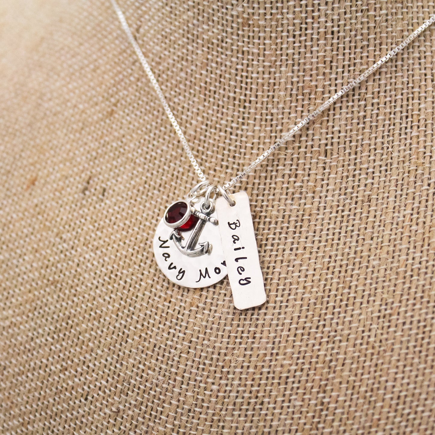 Navy Mom Necklace in Sterling Silver with Anchor Charm, Name and Birthstone Customized Hand Stamped Jewelry-