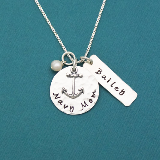 Navy Mom Necklace in Sterling Silver with Anchor Charm, Name and Birthstone Customized Hand Stamped Jewelry-