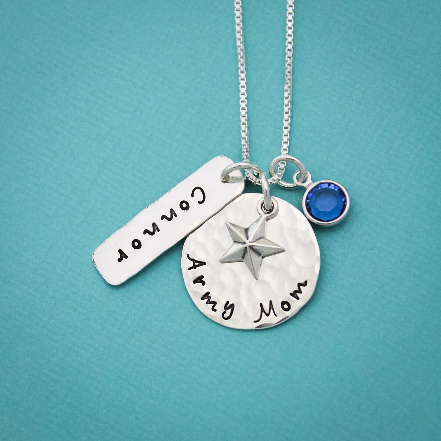 Army Mom Necklace in Sterling Silver with Star Charm, Name and Birthstone Customized Hand Stamped Jewelry