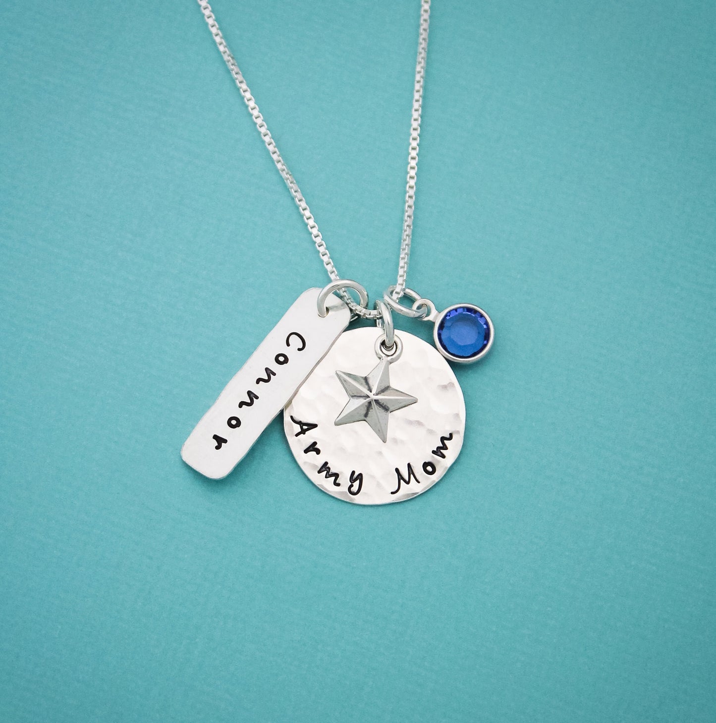 Army Mom Necklace in Sterling Silver with Star Charm, Name and Birthstone Customized Hand Stamped Jewelry