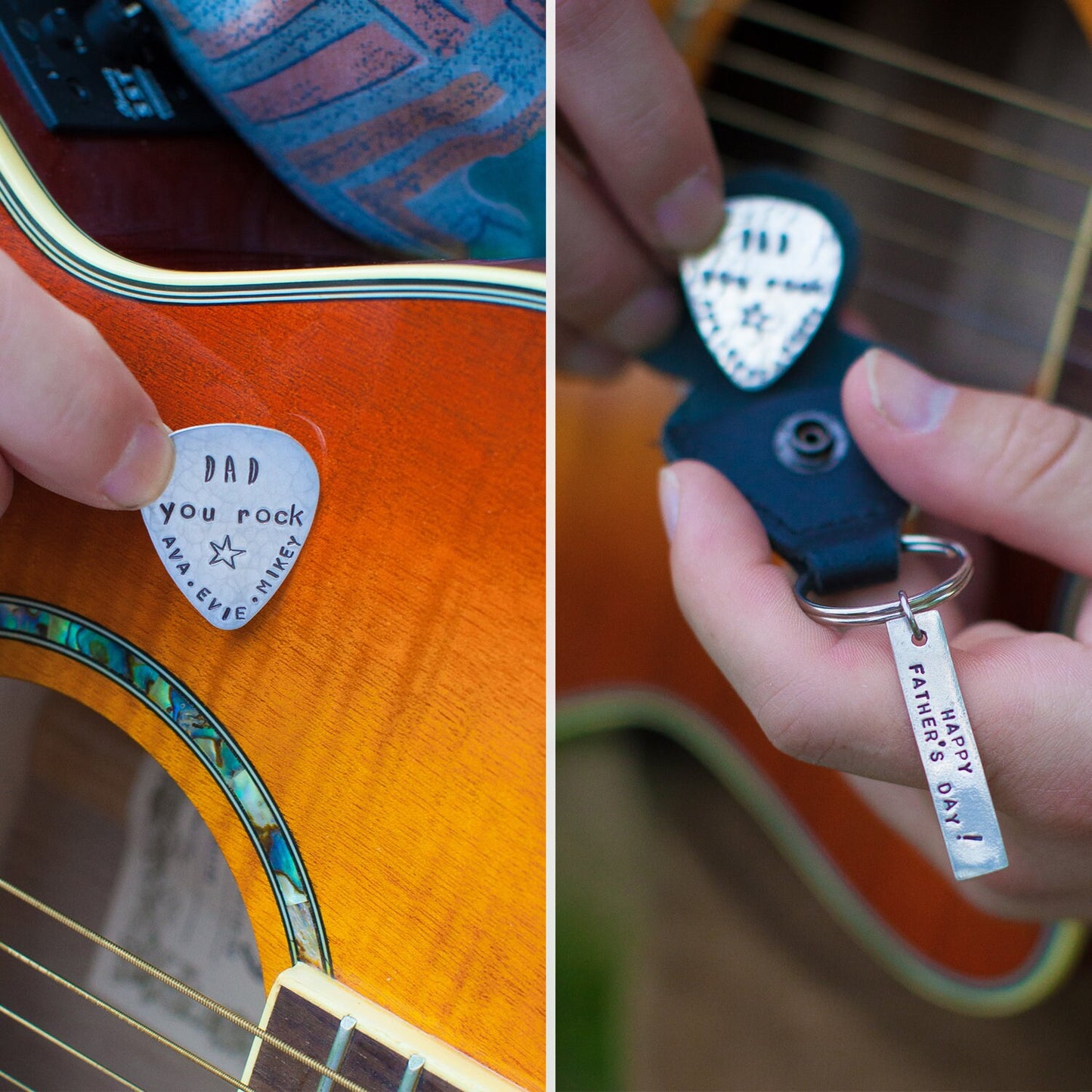 Guitar Pick Keychain with Case, Father's Day Gifts, Gifts for Him, Gifts for Guitar Players, You Rock, I Pick You, Personalized Hand Stamped