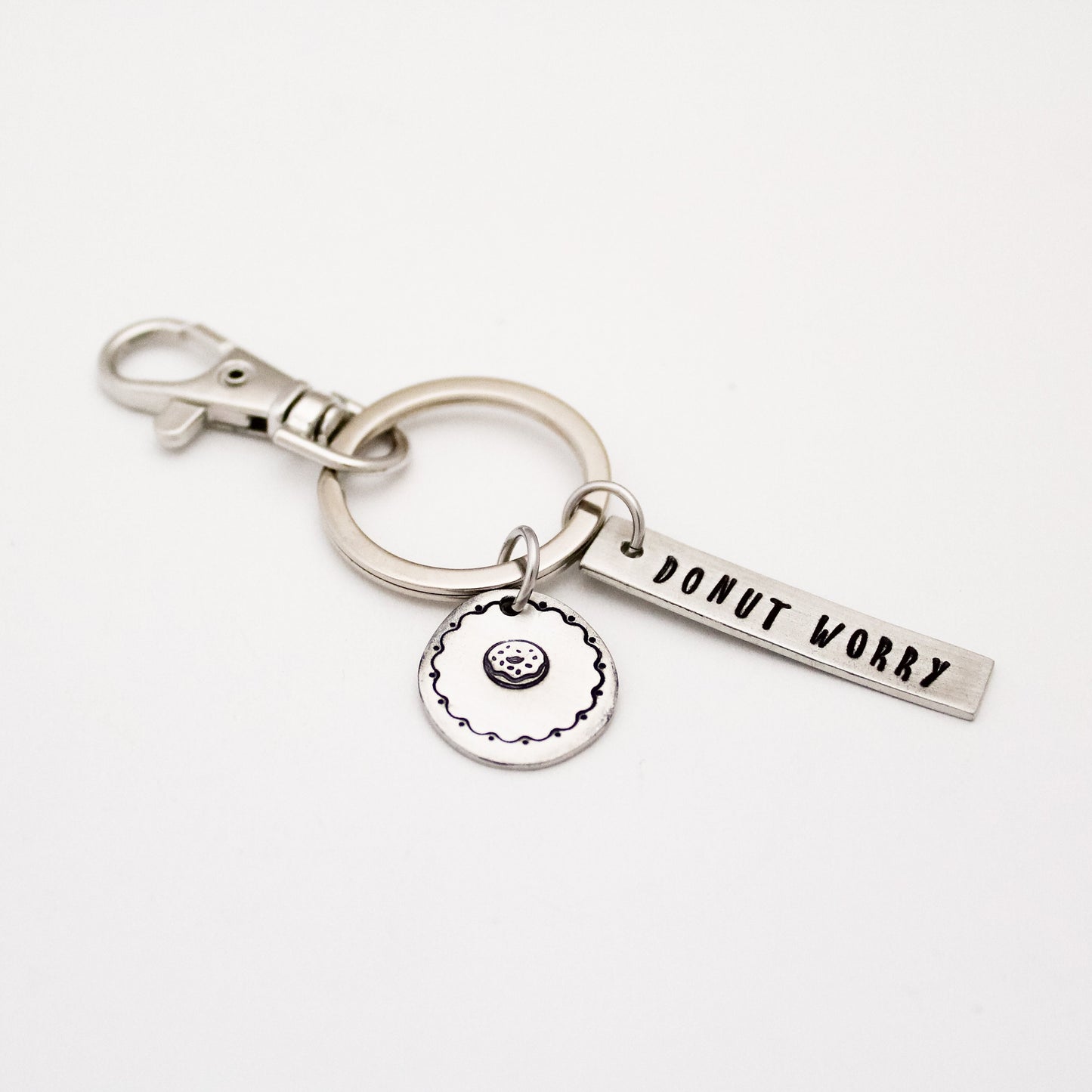 Donut Worry Keychain, Donut Keychain, Donut Lover Gift, Donut Key Chain, Personalized Hand Stamped, Gift for Him, Gift for Her
