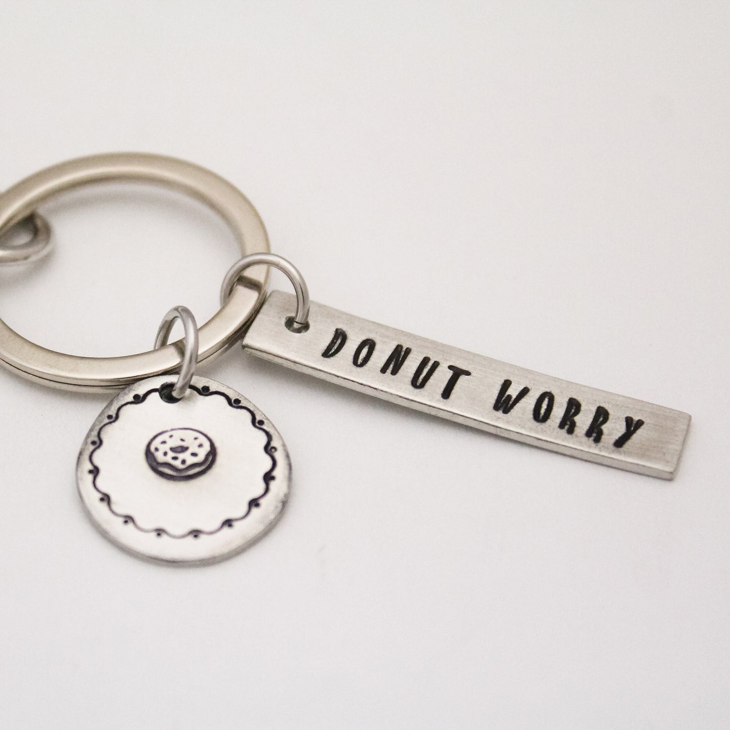 Donut Worry Keychain, Donut Keychain, Donut Lover Gift, Donut Key Chain, Personalized Hand Stamped, Gift for Him, Gift for Her