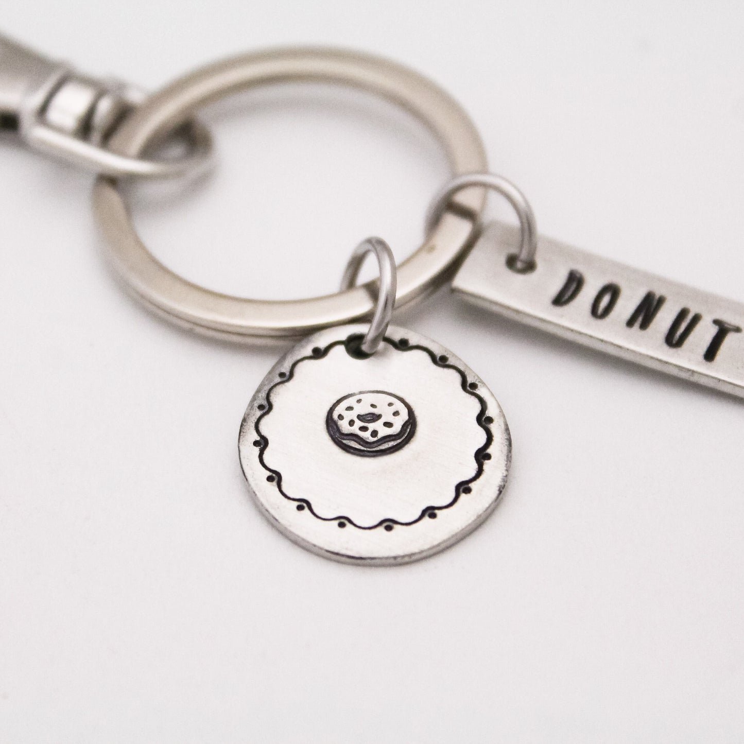Donut Worry Keychain, Donut Keychain, Donut Lover Gift, Donut Key Chain, Personalized Hand Stamped, Gift for Him, Gift for Her