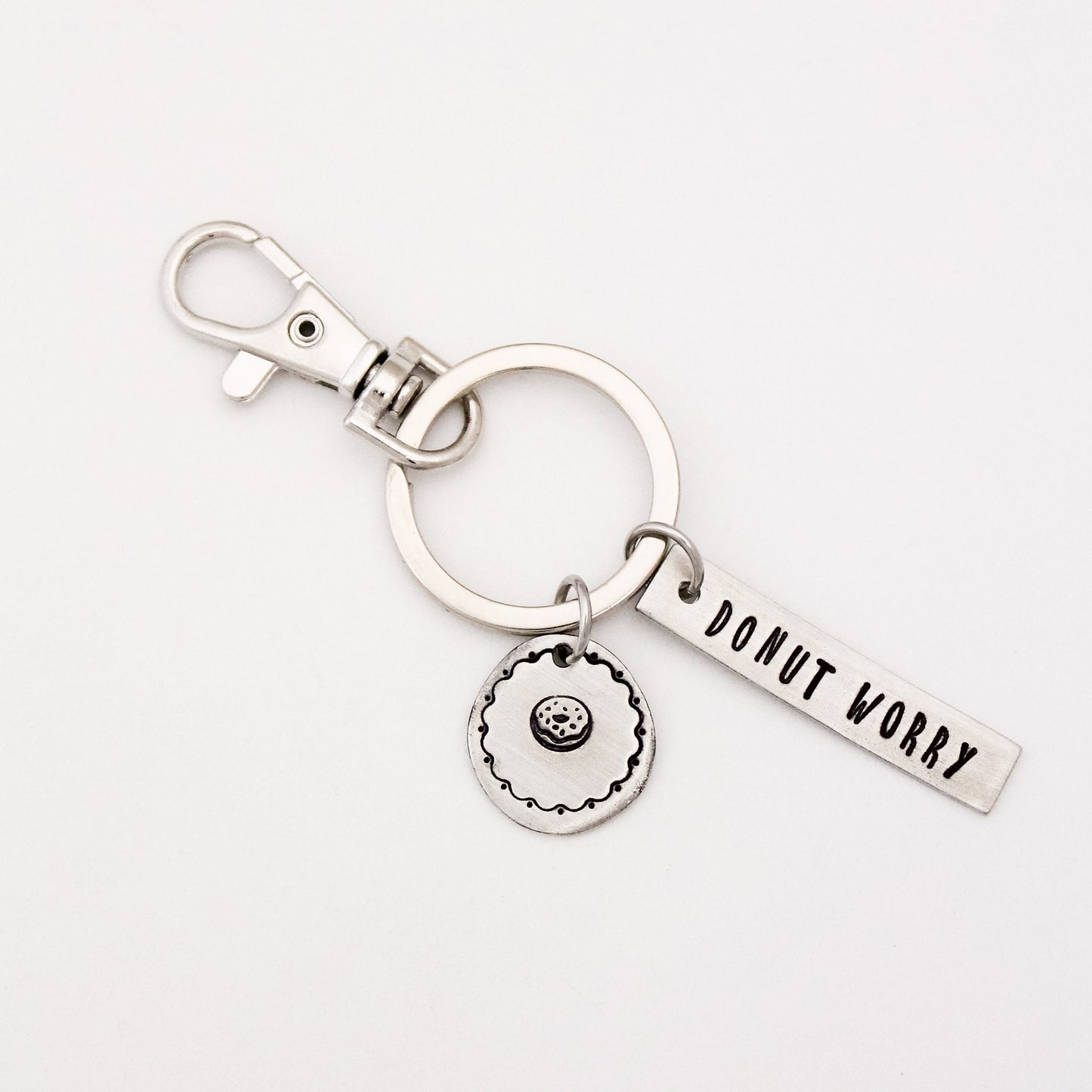 Donut Worry Keychain, Donut Keychain, Donut Lover Gift, Donut Key Chain, Personalized Hand Stamped, Gift for Him, Gift for Her