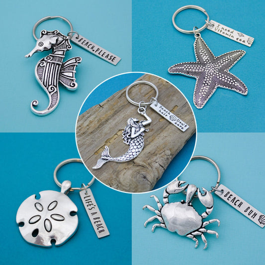 Mermaid Keychain, Sand Dollar Keychain, Starfish Keychain, Crab Key Chain, Sea Horse Key Chain, Beach Lover Gifts, Personalized Hand Stamped