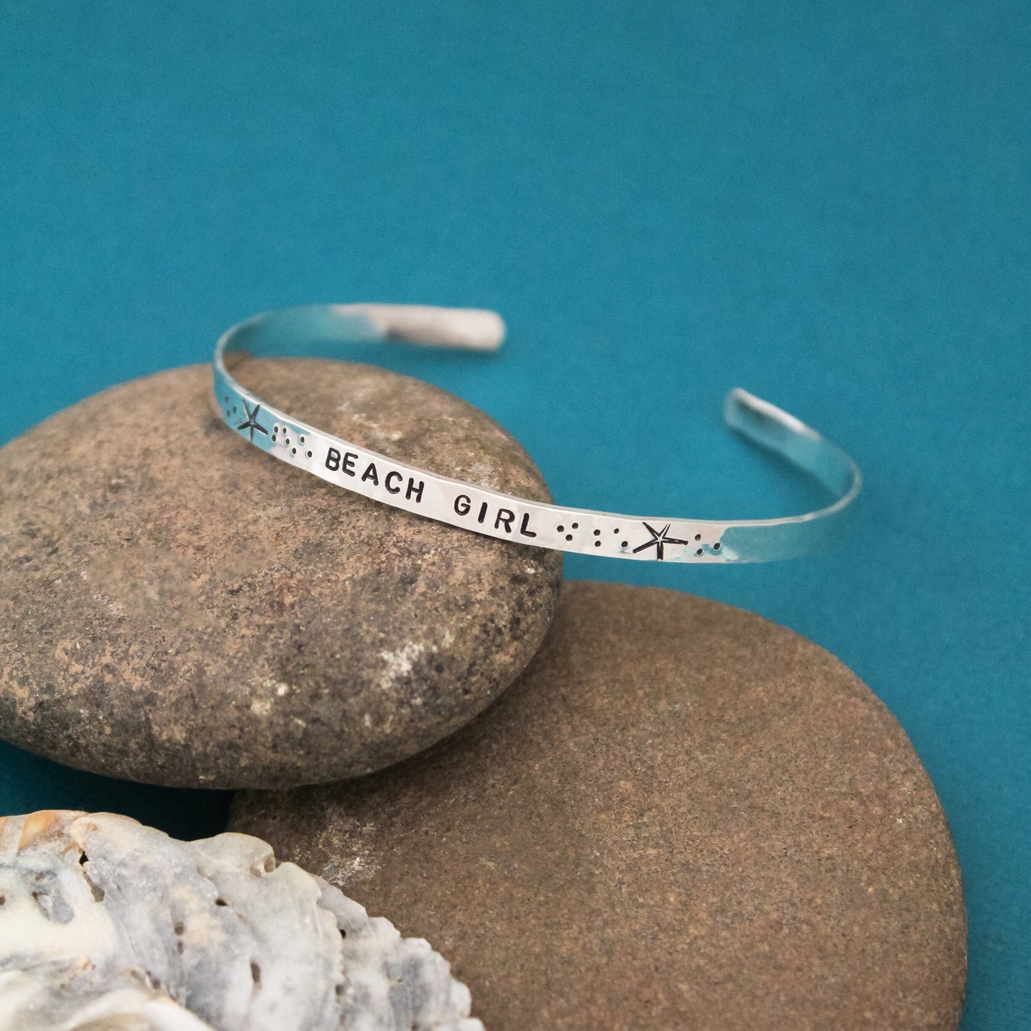 Beach Girl Cuff, Sterling Silver Cuff, Beach Jewelry Cuff, Cruise Wear Jewelry, Beach Lovers Gift, THIN Sterling Silver CUFF Hand Stamped