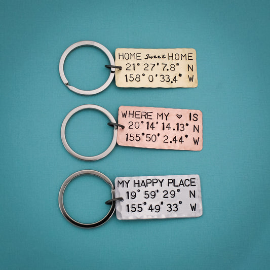 My Happy Place Latitude & Longitude Key Chain, Coordinates Keychain, Where My Heart Is Keychain, Home Sweet Home, Hand Stamped Personalized