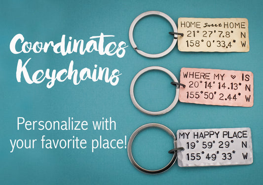 My Happy Place Latitude & Longitude Key Chain, Coordinates Keychain, Where My Heart Is Keychain, Home Sweet Home, Hand Stamped Personalized