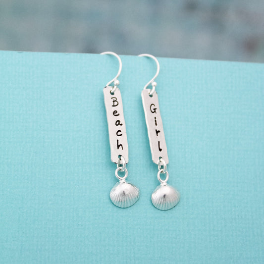 Beach Girl Earrings, Beach Shore Shell Earrings, Beach Lover Earrings, Hand Stamped, Personalized, Sterling Silver Earrings