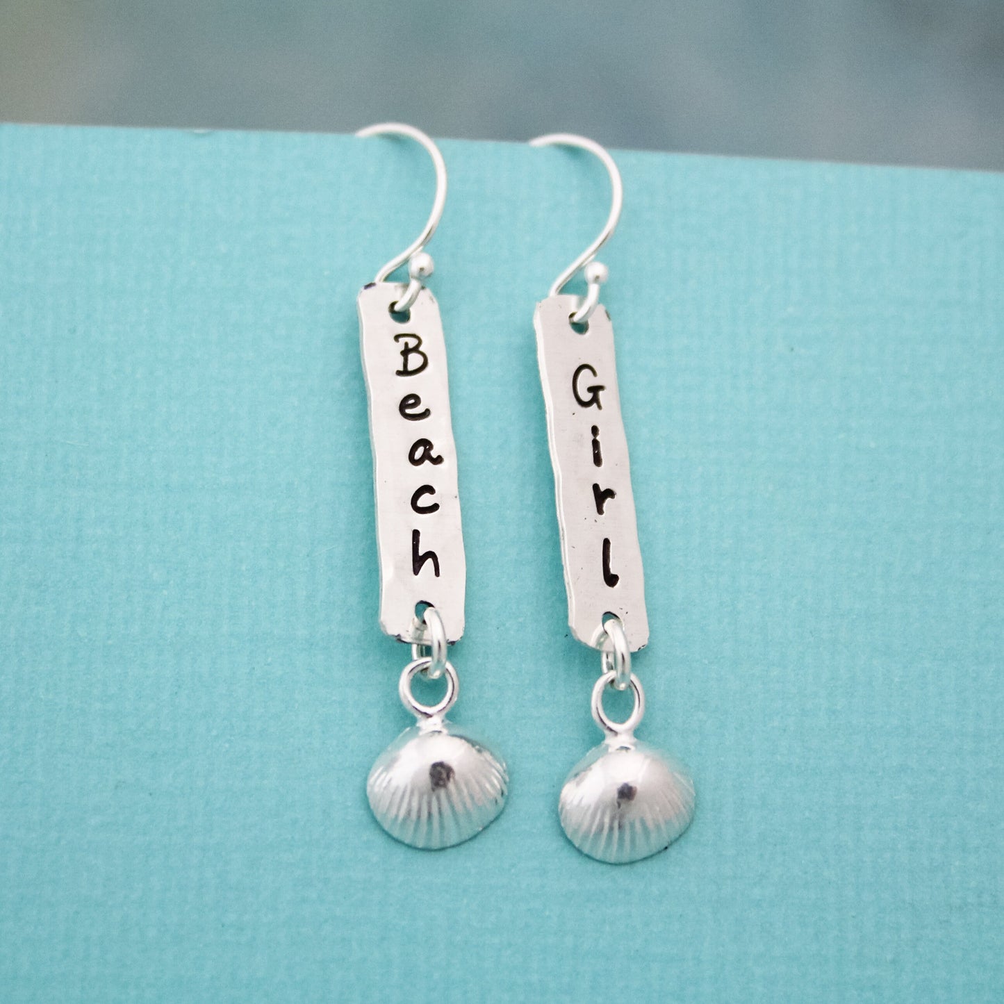 Beach Girl Earrings, Beach Shore Shell Earrings, Beach Lover Earrings, Hand Stamped, Personalized, Sterling Silver Earrings