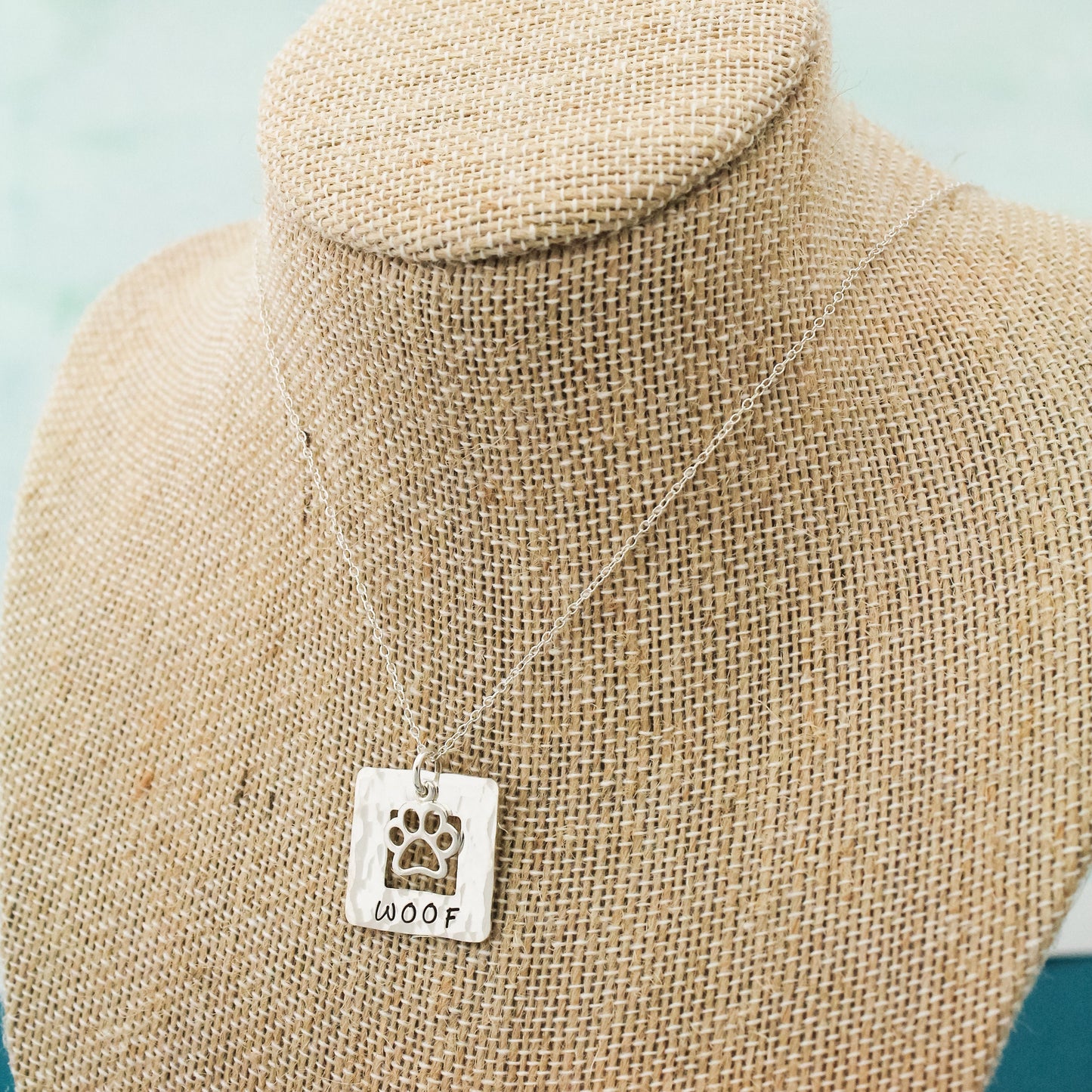 WOOF Necklace, Sterling Silver Dog Paw Necklace, Dog Lover Gift, New Pet Gift, Dog Paw Jewelry, Paw Print Necklace, Hand Stamped Jewelry