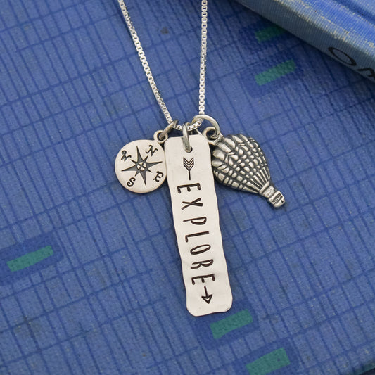 Explore Necklace, Hot Air Balloon Necklace, Compass Jewelry, Travel Theme, Outdoors Theme, Adventure Arrow Graduation Hand Stamped Jewelry