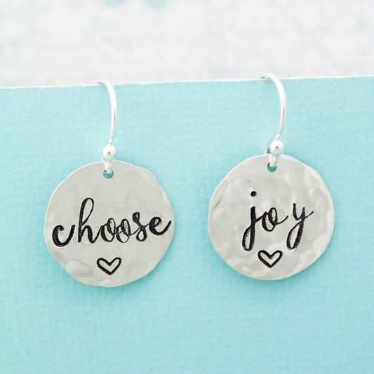Choose Joy Earrings in Sterling Silver, Positive Inspirational Jewelry, Hand Stamped Earrings, Gifts for Her, Choose Joy Jewelry