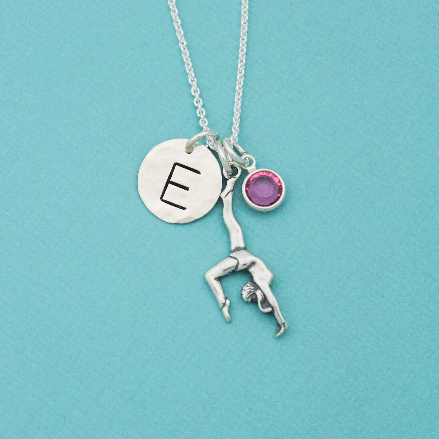 Gymnast Charm Necklace Sterling Silver with Birthstone and Initial Personalized Hand Stamped Necklace-