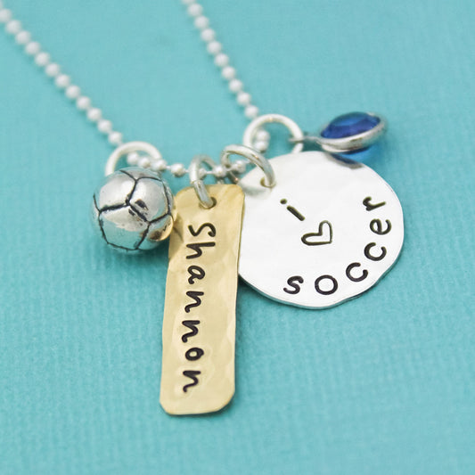 Soccer Necklace, Field Hockey Necklace, Lacrosse Necklace, Softball Necklace in Sterling Silver and Brass Perfect for Team Gifts