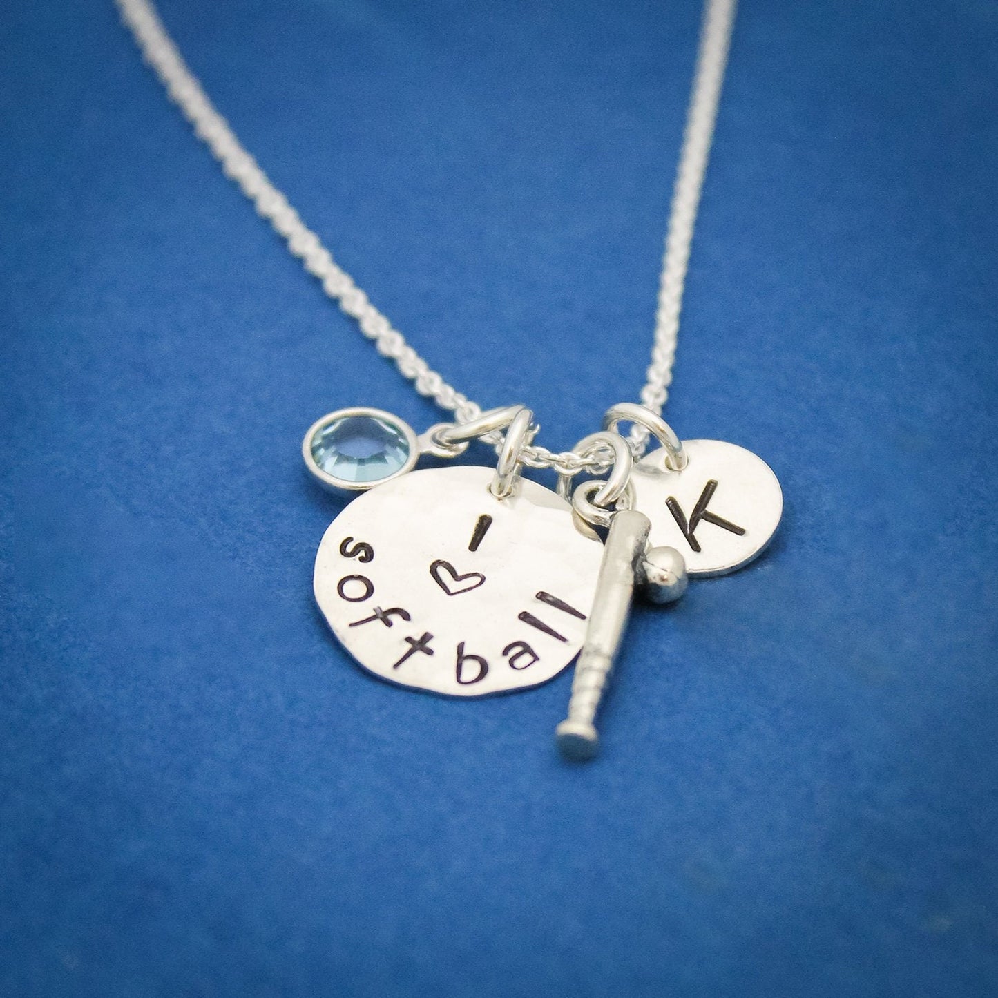 Softball Team Necklace, Silver Baseball Bat + Ball Charm Necklace, Sports Team Jewelry, Personalized Team Jewelry, Hand Stamped Necklace