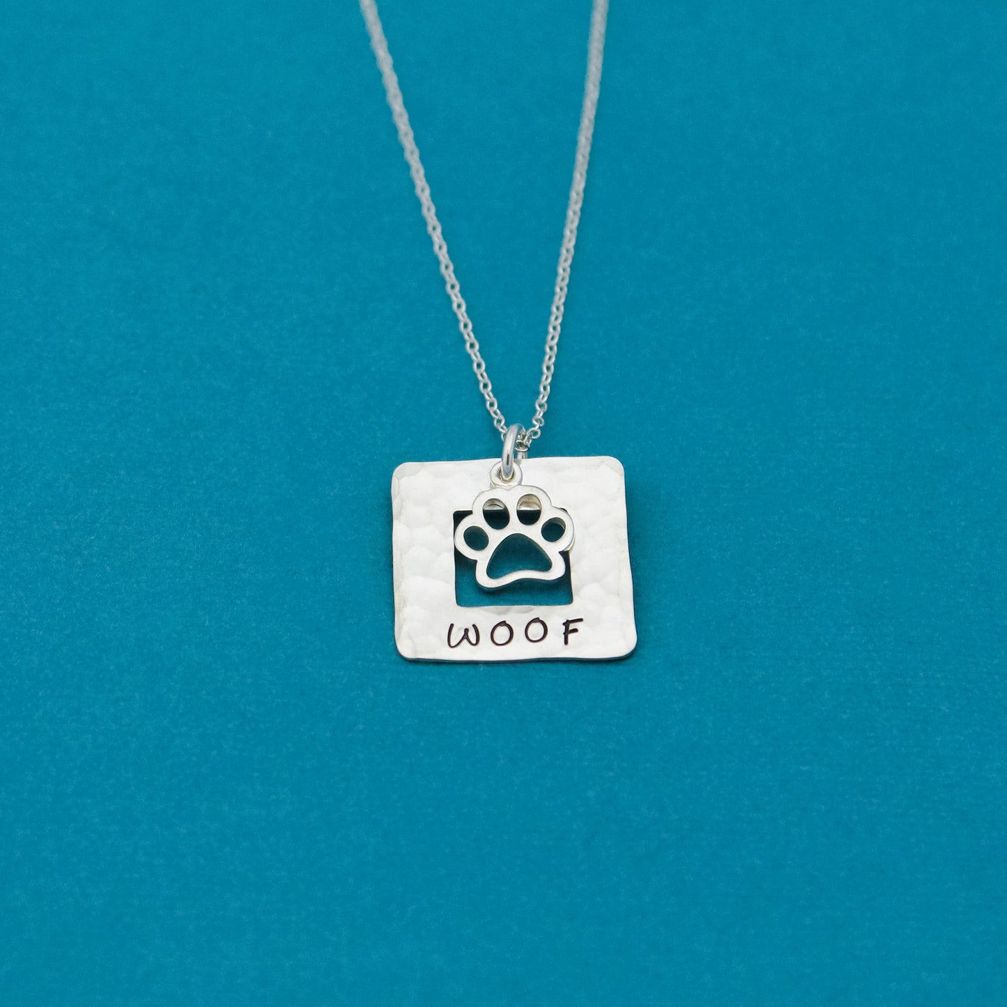 WOOF Necklace, Sterling Silver Dog Paw Necklace, Dog Lover Gift, New Pet Gift, Dog Paw Jewelry, Paw Print Necklace, Hand Stamped Jewelry