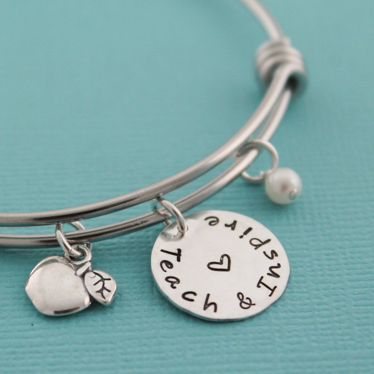 Teach & Inspire Bangle, Teacher Bracelet, Teacher Apple Jewelry, Personalized Teacher Bangle, Unique Teacher Gift, Hand Stamped Jewelry