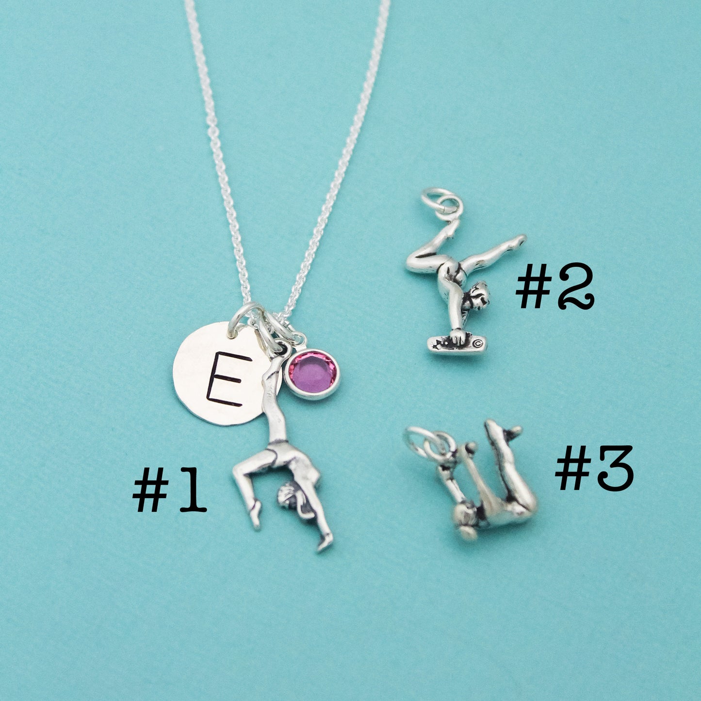 Gymnast Charm Necklace Sterling Silver with Birthstone and Initial Personalized Hand Stamped Necklace-