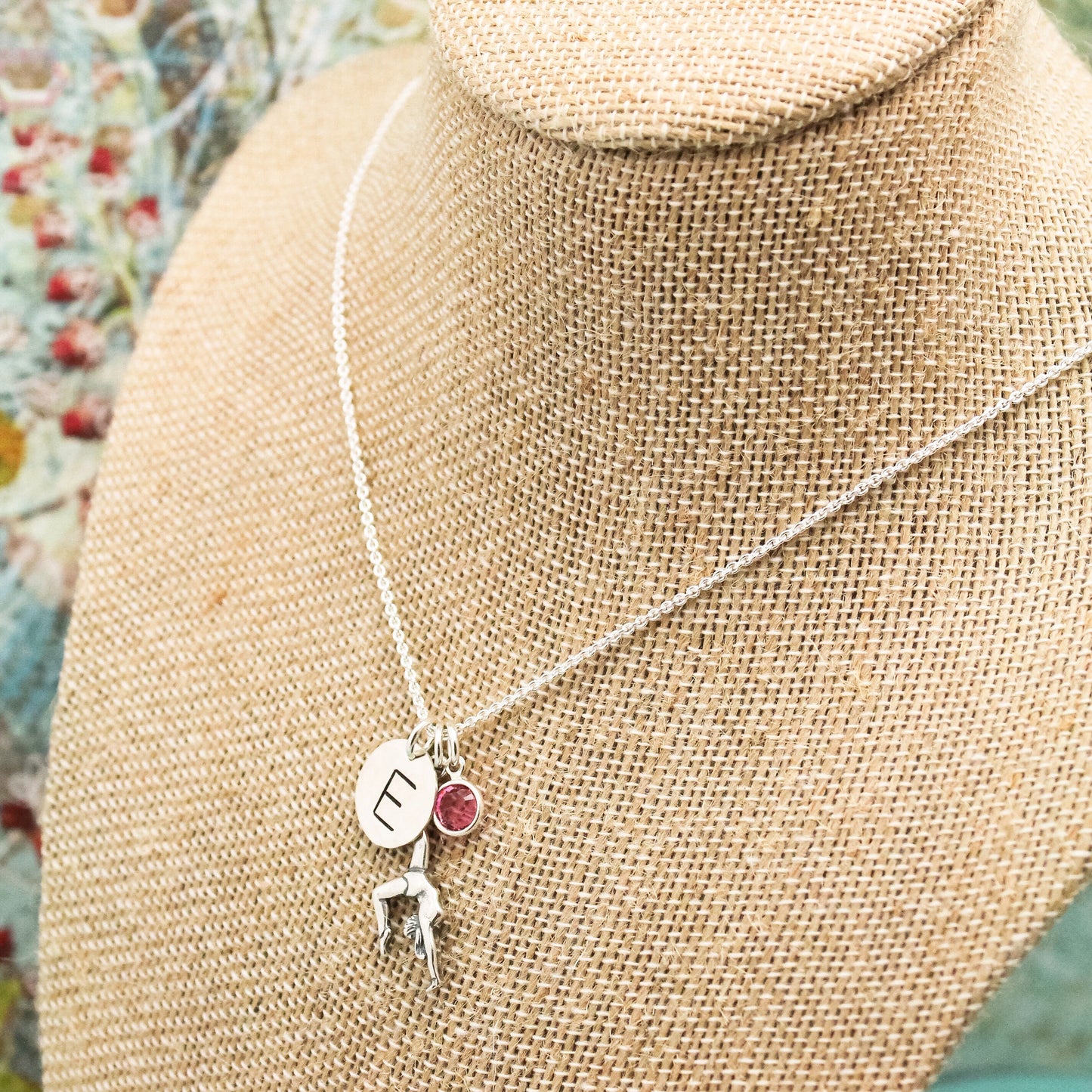 Gymnast Charm Necklace Sterling Silver with Birthstone and Initial Personalized Hand Stamped Necklace-