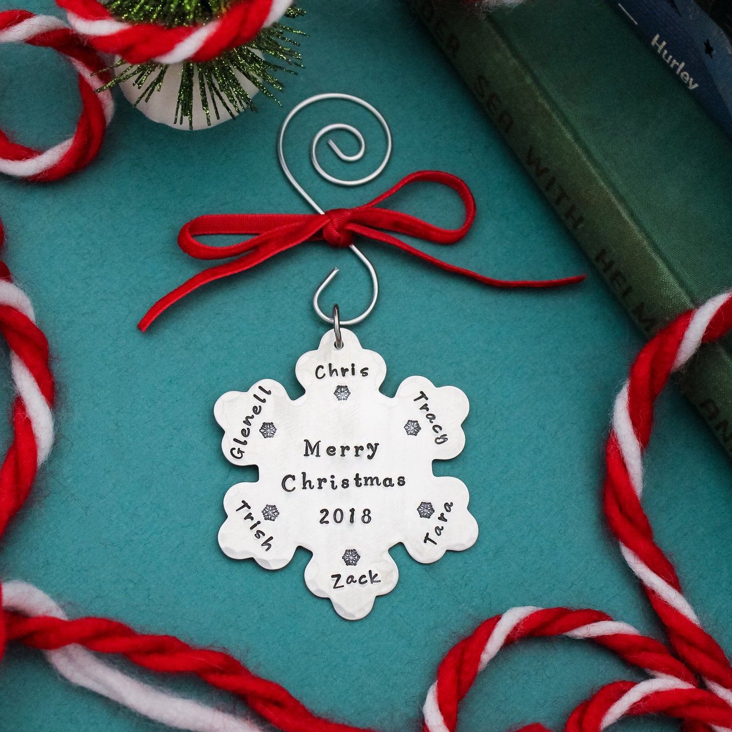 Snowflake Christmas Ornament, Personalized Family Christmas Ornament, Custom Ornament, Merry Christmas Ornament, Hand Stamped in Aluminum