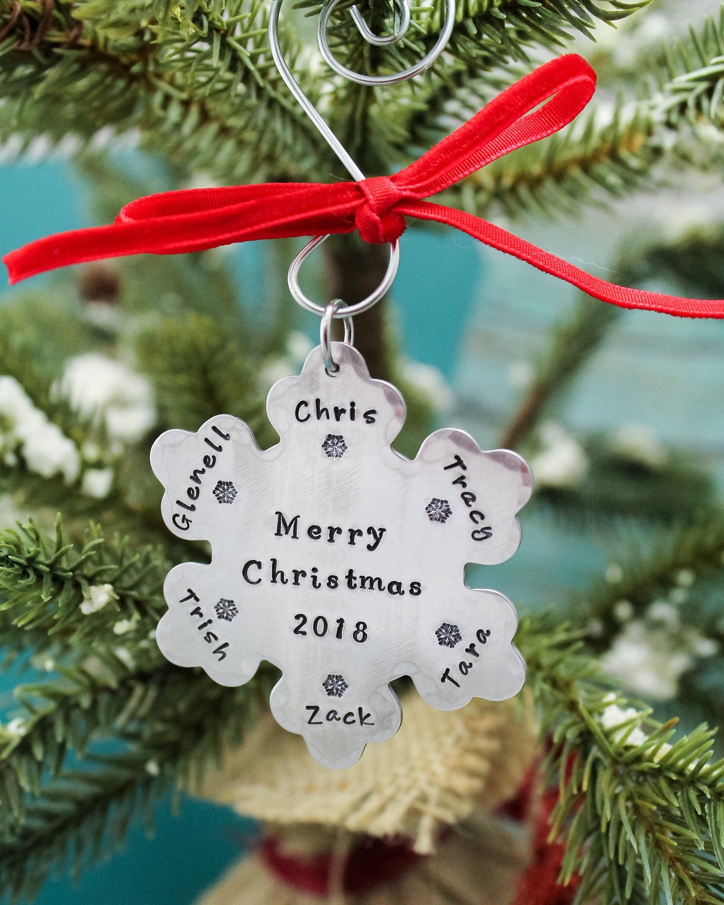 Snowflake Christmas Ornament, Personalized Family Christmas Ornament, Custom Ornament, Merry Christmas Ornament, Hand Stamped in Aluminum