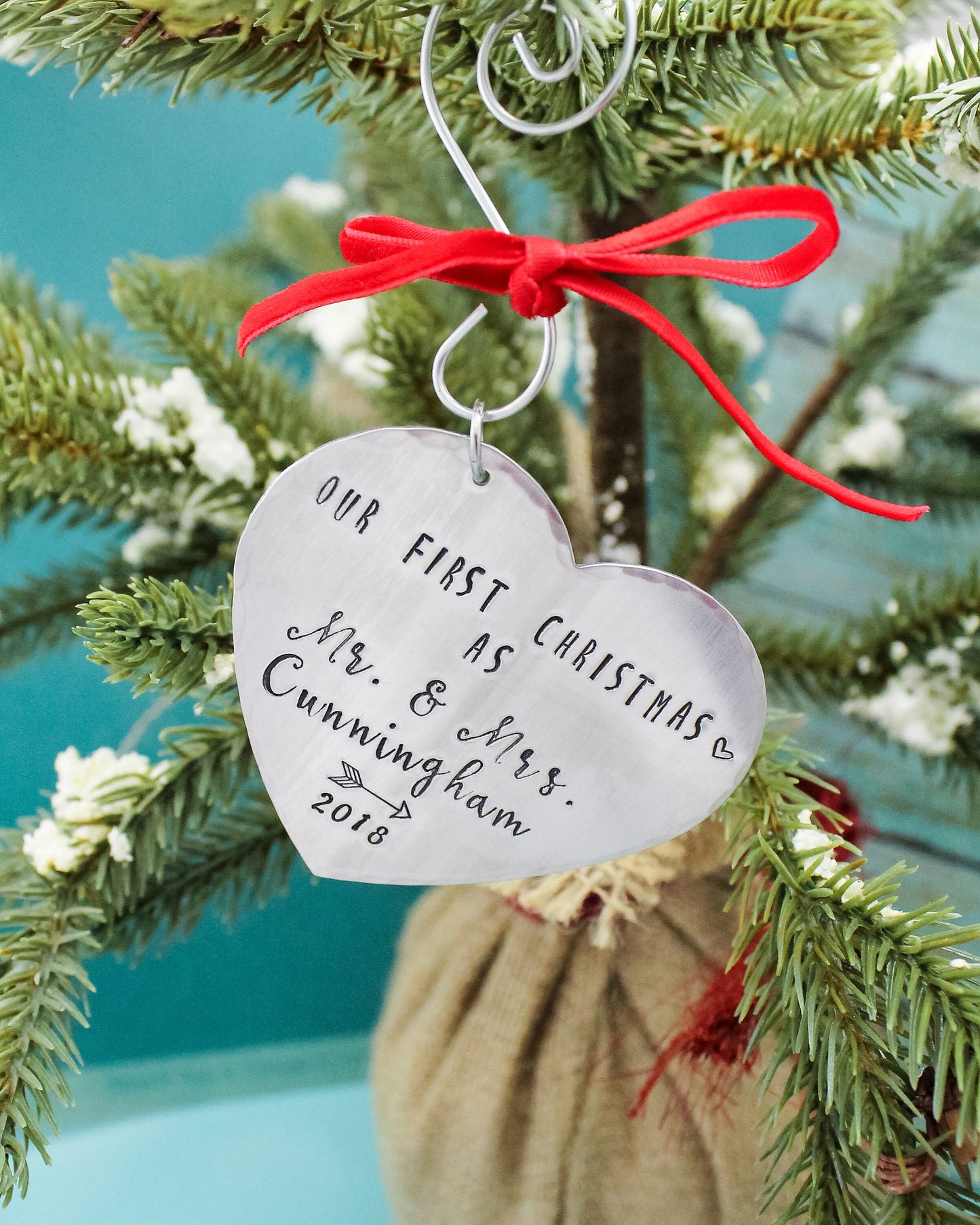 Our First Christmas Ornament, Couples Ornament, First Christmas Couples Ornament, Heart Anniversary Ornament, Hand Stamped, Gifts under 20