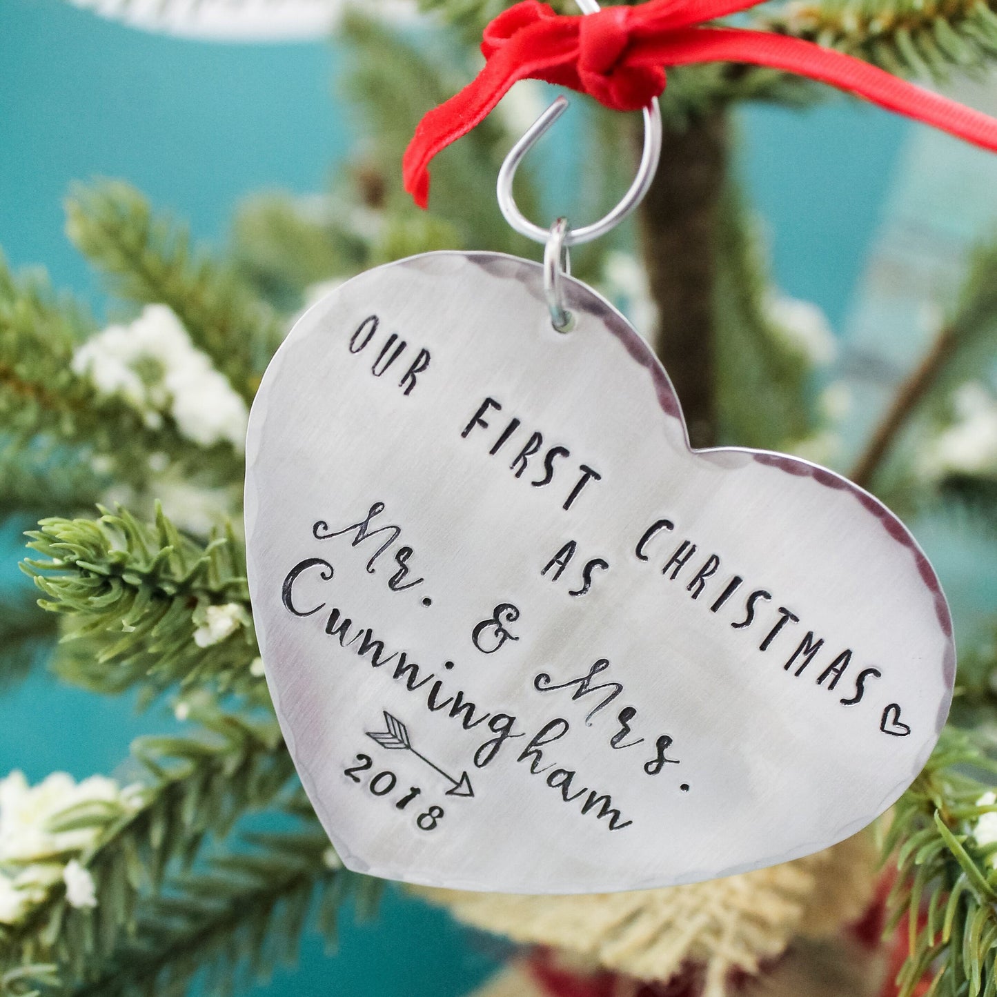 Our First Christmas Ornament, Couples Ornament, First Christmas Couples Ornament, Heart Anniversary Ornament, Hand Stamped, Gifts under 20