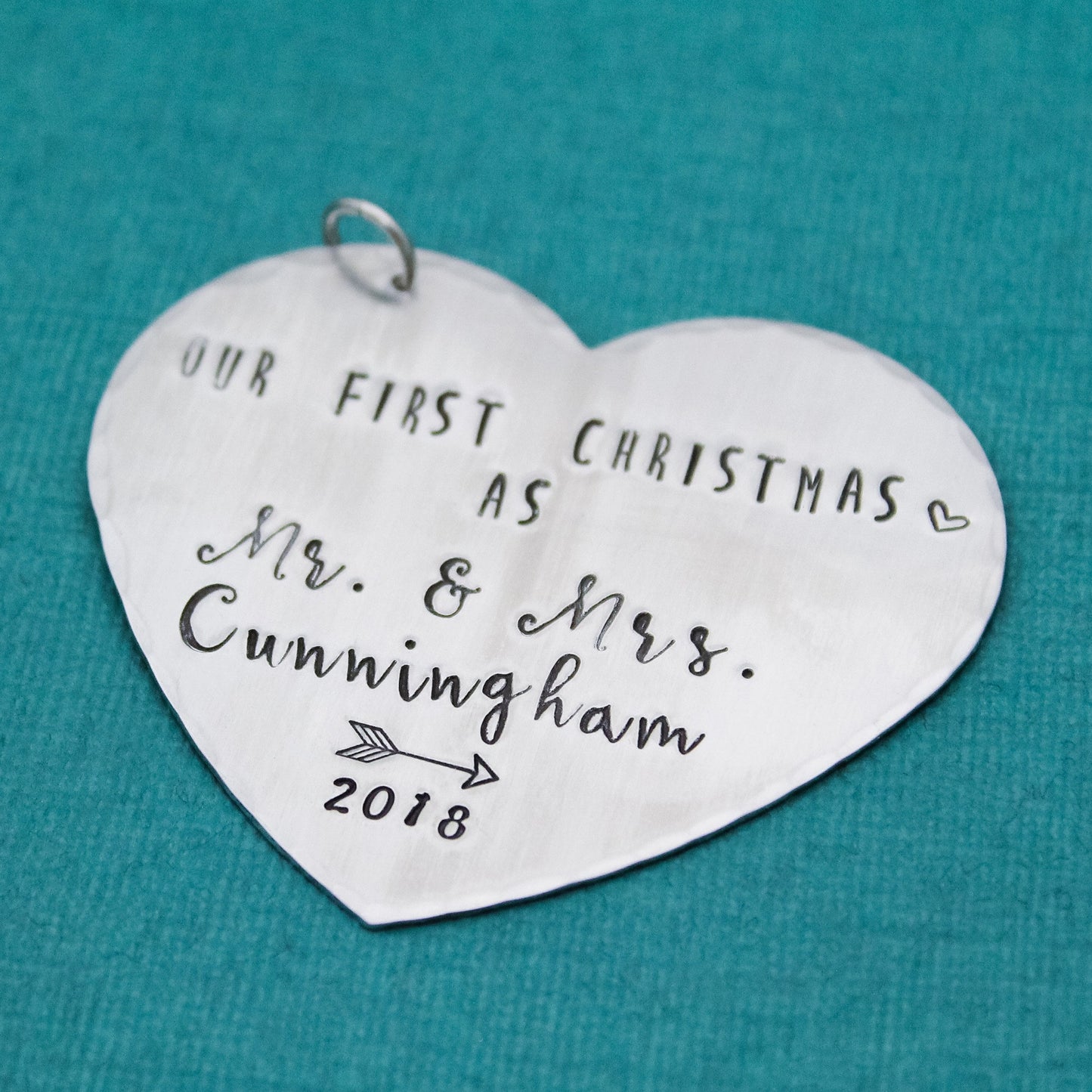 Our First Christmas Ornament, Couples Ornament, First Christmas Couples Ornament, Heart Anniversary Ornament, Hand Stamped, Gifts under 20