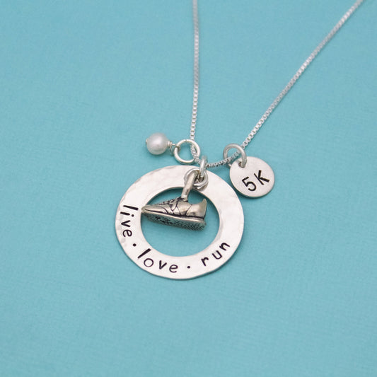 Running Jewelry, Live Love Run Necklace, Marathon Race Necklace, Sneaker Charm Pendant, 5K Necklace, Runner Jewelry, Running Gift