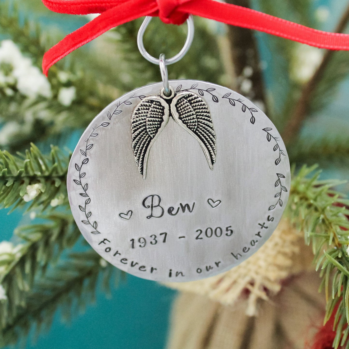 Personalized Memorial Christmas Ornament, In Memory Ornament, Remembrance Ornament Gift, Angel Wing Christmas Ornament, Hand Stamped