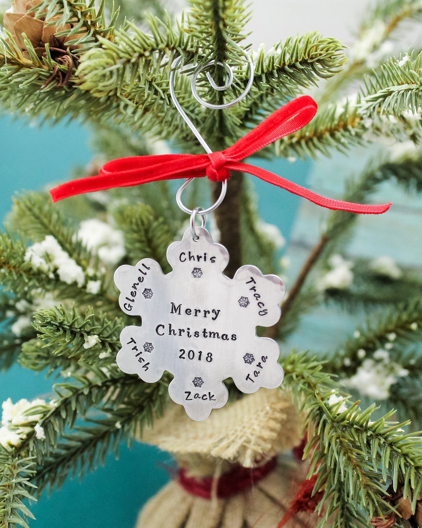 Snowflake Christmas Ornament, Personalized Family Christmas Ornament, Custom Ornament, Merry Christmas Ornament, Hand Stamped in Aluminum