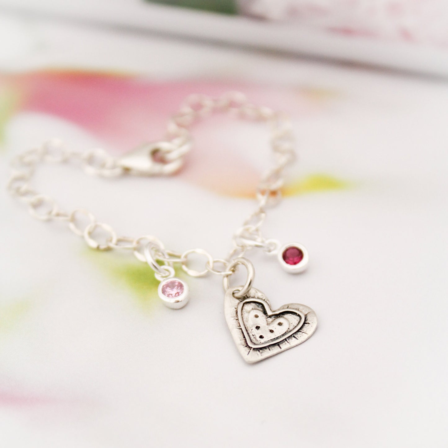 Heart Charm Bracelet with Birthstones, Personalized Charm Bracelet, Valentine's Gift, Sterling Silver Heart Bracelet, Birthstone Bracelet