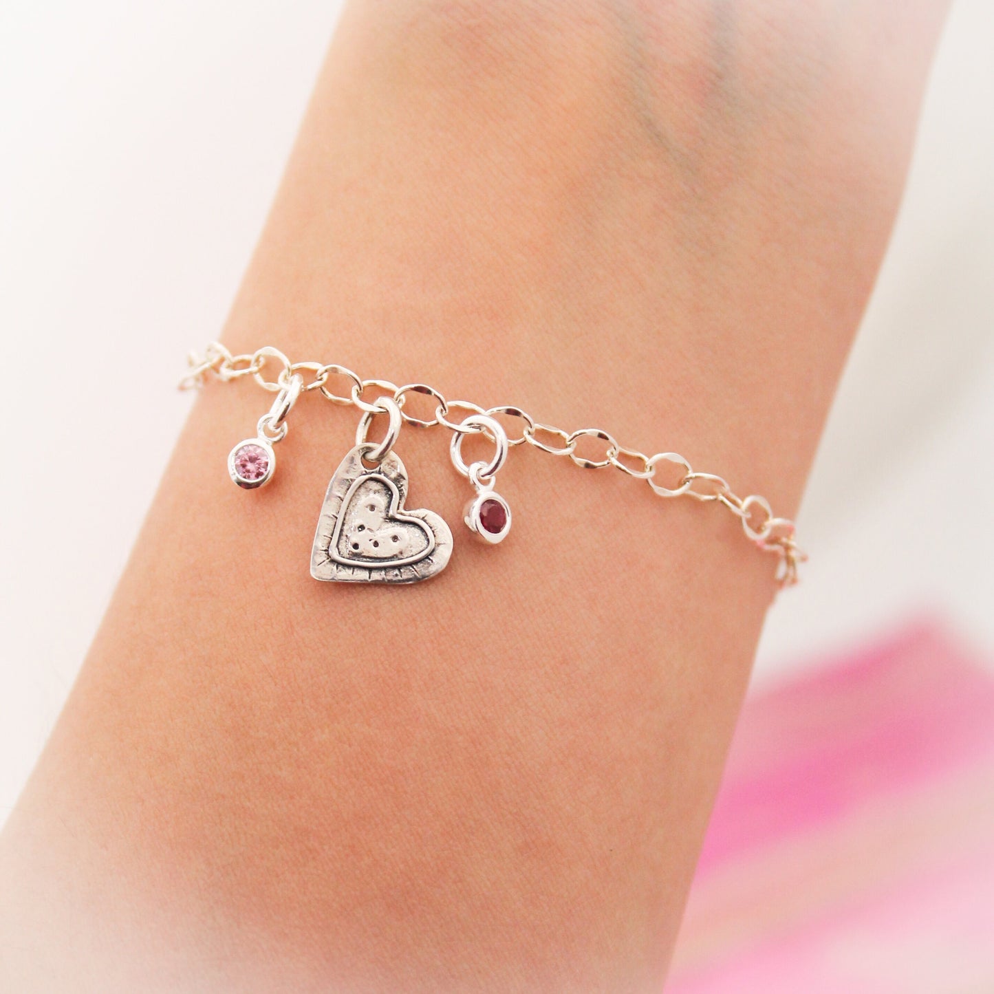 Heart Charm Bracelet with Birthstones, Personalized Charm Bracelet, Valentine's Gift, Sterling Silver Heart Bracelet, Birthstone Bracelet