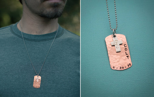 Boys Cross Necklace, Boys Confirmation or First Communion Gift, Copper Dog Tag Cross Necklace for Boys, Hand Stamped and Personalized