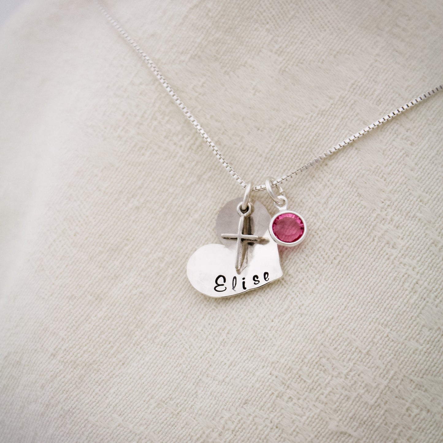 Heart Confirmation Cross Necklace with Birthstone, Hand Stamped Personalized Sterling Silver Confirmation Jewelry, Custom Cross Necklace