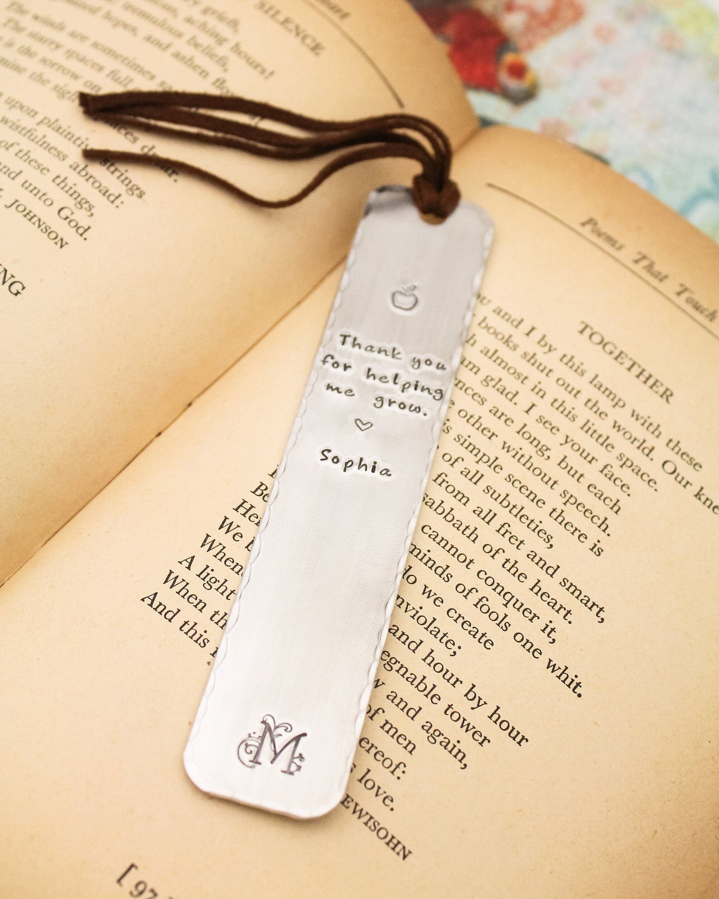 Personalized Teacher Bookmark Gift, Custom Teach Bookmark, Thank You For Helping Me Grow Bookmark, Personalized Initial, Name, and Heart