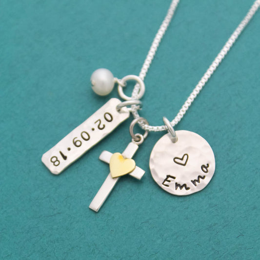 Personalized Cross Charm Necklace in Silver & Bronze, Confirmation Cross Necklace, First Communion Cross Necklace, Hand Stamped Jewelry