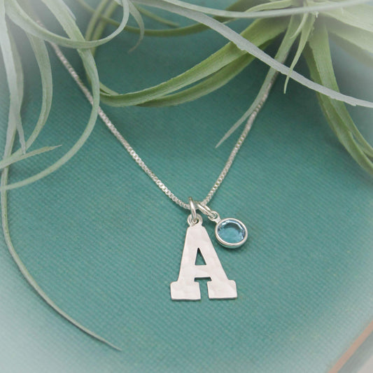 Initial Necklace in Sterling Silver with Birthstone, Birthstone Birthday Gift, Personalized Gift, Initial Jewelry Gift, March Birthstone