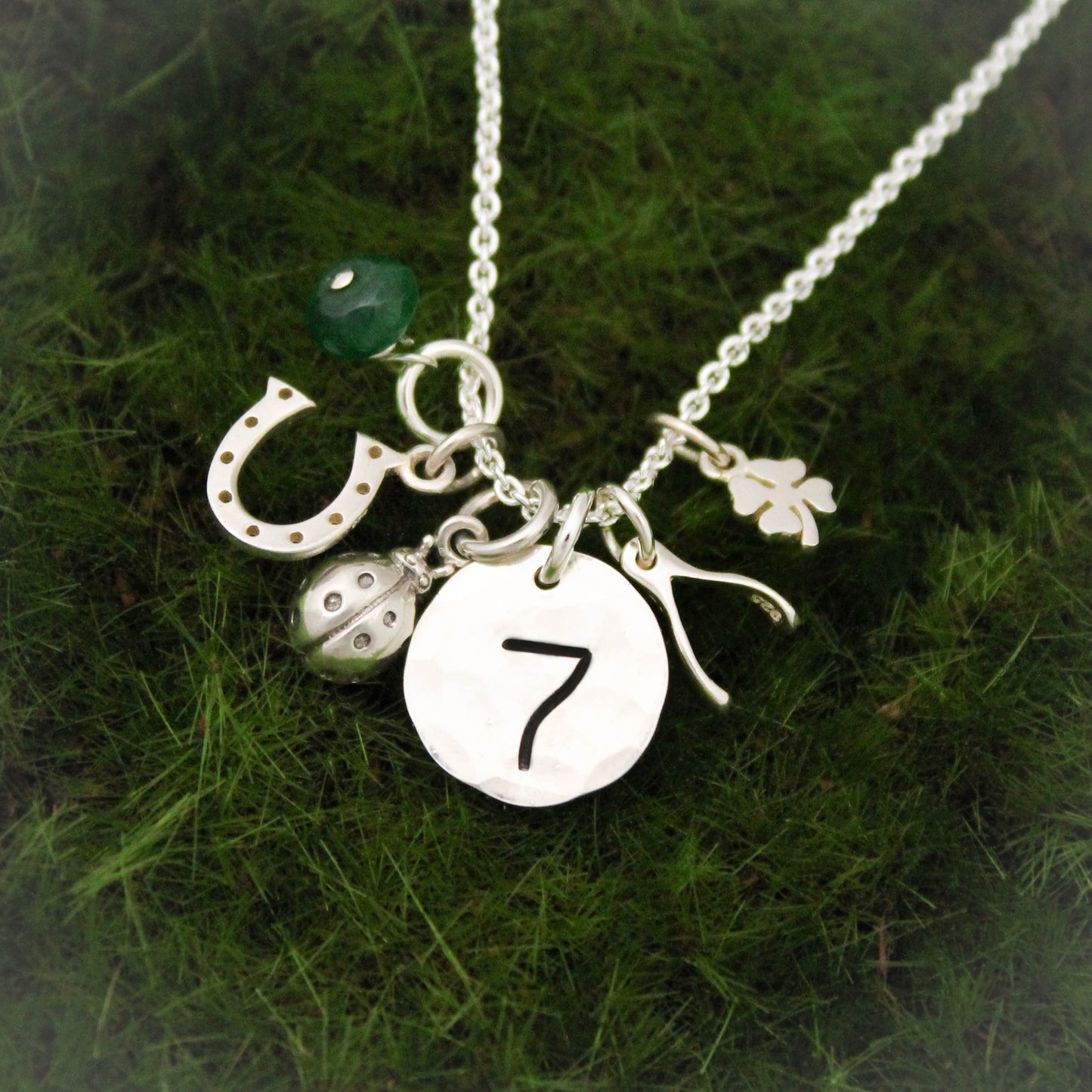 Lucky Charm Necklace, Lucky 7 Horseshoe 4 Leaf Clover Wishbone Charm Necklace, Sterling Silver Lucky Charm Necklace, Hand Stamped Jewelry